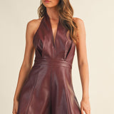 Red Wine Faux Leather Halter Romper