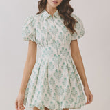Floral Print Puff Sleeve Bubble Hem Mini Dress - Green