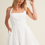 Chic Charm Square Neck Halter Flare Mini Dress - White