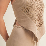 Boho Lace Medallion Pointed Hem Halter Top - Taupe