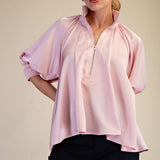 Light Pink Mock Neck Band Puff Sleeve Elegance Blouse