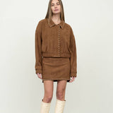 Camel Stud Detail Zipper Front Suede Jacket