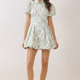 Floral Print Puff Sleeve Bubble Hem Mini Dress - Green