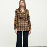 Brown Multi Plaid Mid-Length Button Front Jacket