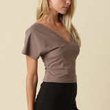 Harper Surplice V-Neck Cropped Top - Dark Mocha