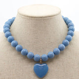 Blue Acrylic Beaded Necklace with Pink Stone Heart Charm