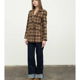 Brown Multi Plaid Mid-Length Button Front Jacket