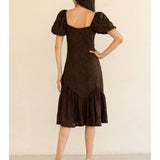 Brown Puff Sleeve Embroidered Midi Dress