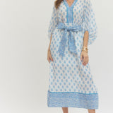 Floral Print 3/4 Sleeve Midi Dress - Ivory Blue