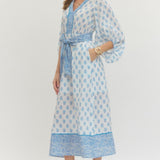 Floral Print 3/4 Sleeve Midi Dress - Ivory Blue