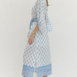 Floral Print 3/4 Sleeve Midi Dress - Ivory Blue