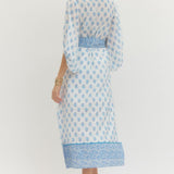 Floral Print 3/4 Sleeve Midi Dress - Ivory Blue