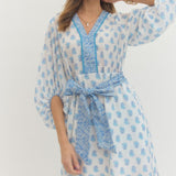 Floral Print 3/4 Sleeve Midi Dress - Ivory Blue