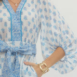 Floral Print 3/4 Sleeve Midi Dress - Ivory Blue