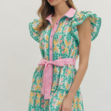 Solid Floral Print Flutter Short Sleeve Mini Dress - Pink