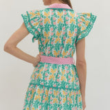 Solid Floral Print Flutter Short Sleeve Mini Dress - Pink