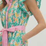 Solid Floral Print Flutter Short Sleeve Mini Dress - Pink