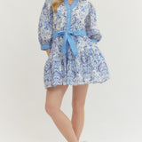 Printed Long Puff Sleeve Mini Dress - Royal