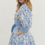 Printed Long Puff Sleeve Mini Dress - Royal