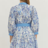 Printed Long Puff Sleeve Mini Dress - Royal