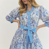 Printed Long Puff Sleeve Mini Dress - Royal