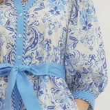 Printed Long Puff Sleeve Mini Dress - Royal