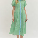 Green Print Puff Sleeve Midi Dress