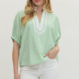 Striped Short Dolman Sleeve Top - Green