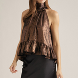Bronwyn Metallic Bronze Halter Peplum Top