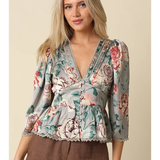 Rosalie Vintage Floral Satin Peplum Blouse