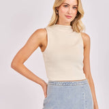 Cream Hustle High Neck Slv Less Crop Top