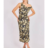 Black Multi Gala Cowl Neck Floral Bias Midi Dress