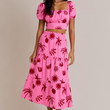 Pink-Red Square Neck Printed Top With Tiered Midi Skirt