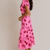 Pink-Red Square Neck Printed Top With Tiered Midi Skirt
