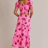 Pink-Red Square Neck Printed Top With Tiered Midi Skirt