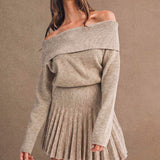 Maren Ribbed Off-Shoulder Pleated Mini Dress - Light Mocha