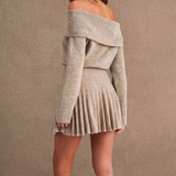Maren Ribbed Off-Shoulder Pleated Mini Dress - Light Mocha