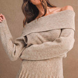 Maren Ribbed Off-Shoulder Pleated Mini Dress - Light Mocha