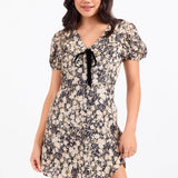Painted Fields Tie Neck Mini Dress