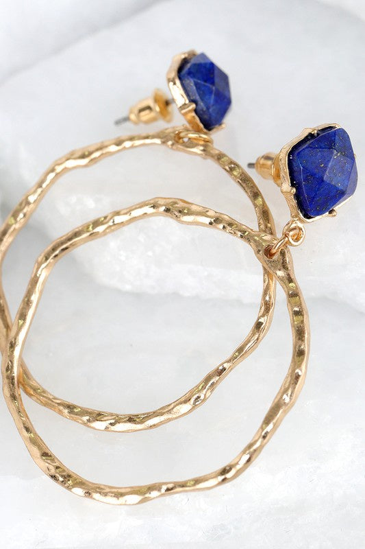 Hammered Circle and Natural Stone Post Earrings -  Blue