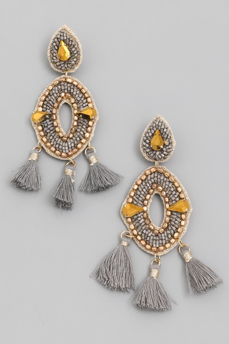 Oval Bead Tassel Drop Earrings