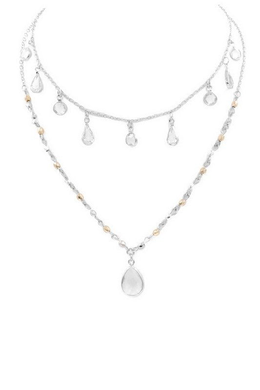 Double Layered Glass Teardrop Charm Necklace - Silver