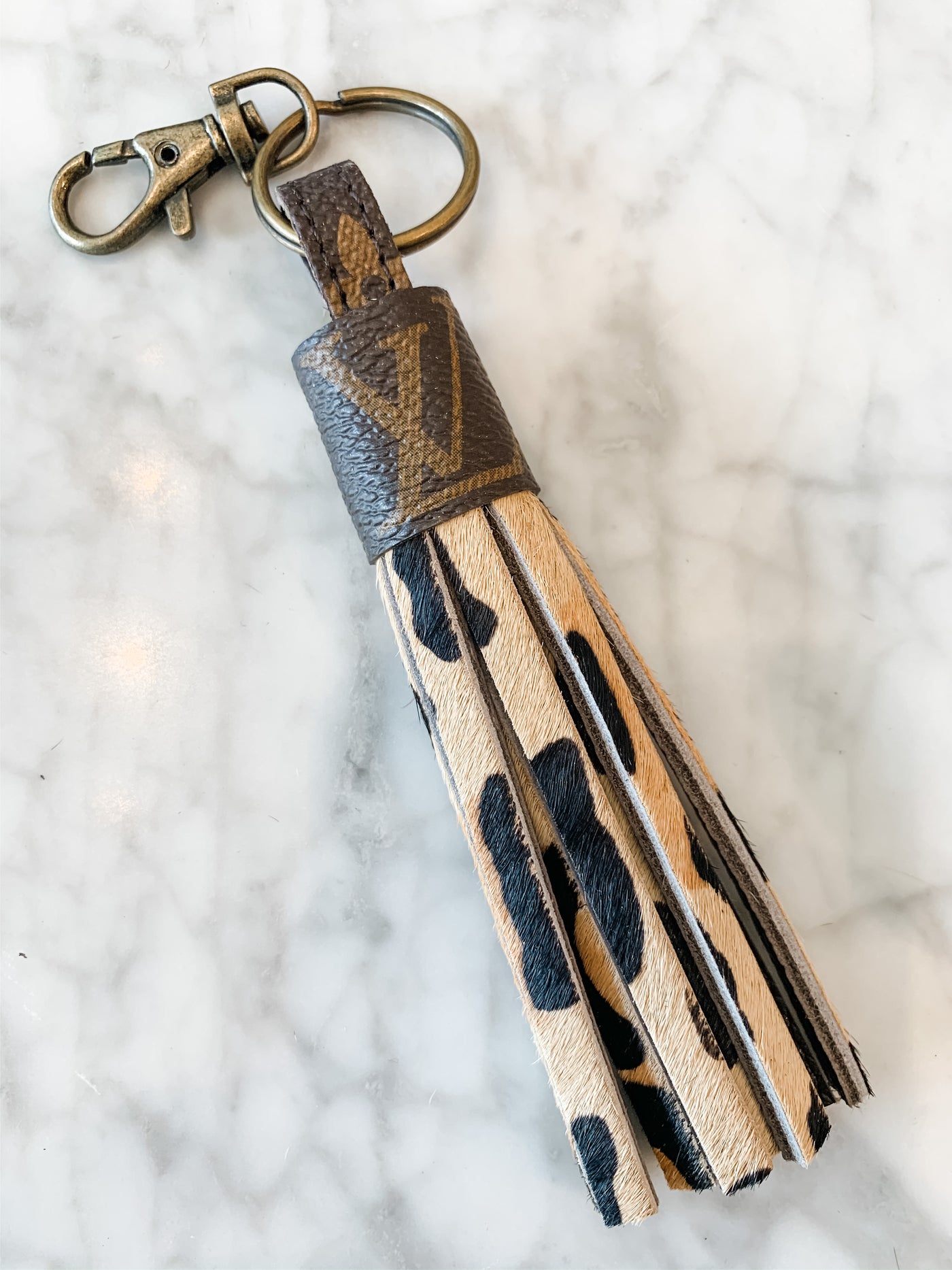 Repurposed Cow Hide  Fringe Keychain