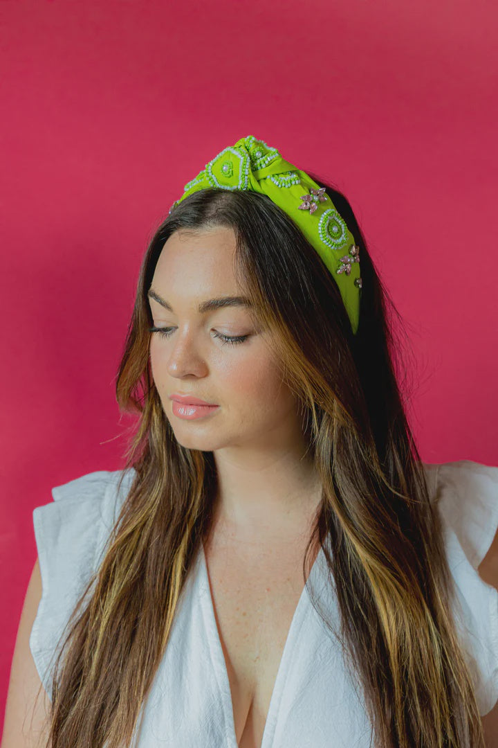 Knot Headband - Lime Green and Pink Rhinestone