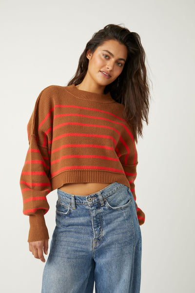 Easy Street Stripe Crop Pullover - Brown and Coral