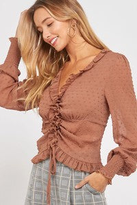 Sheer Ruffled Front Tie Top