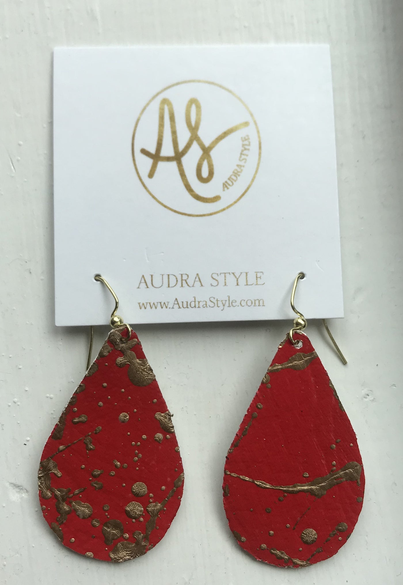 Teardrop Earrings - Red with Gold Splatter