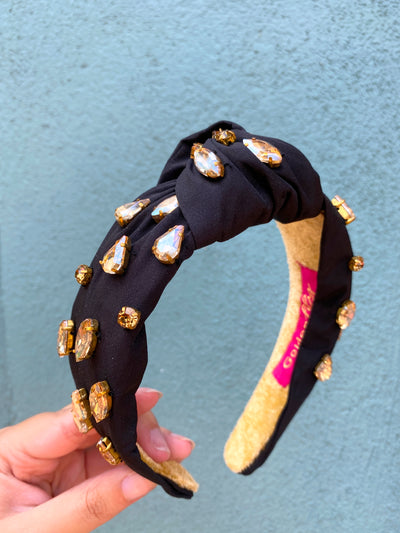 Rhinestone Knot Headband - Black and Gold